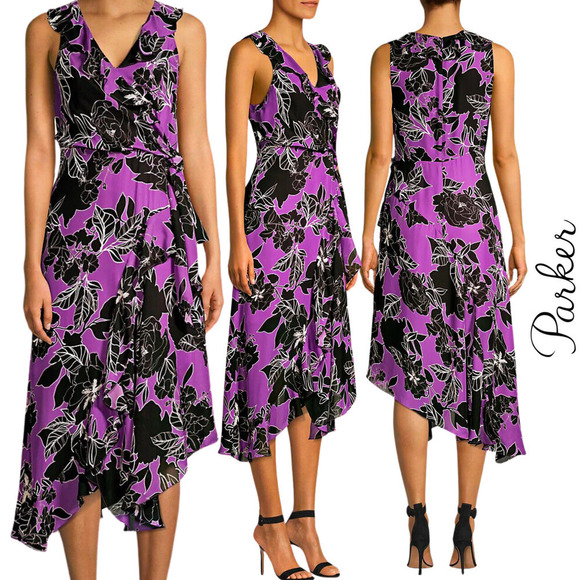 Parker New York NWT Loreena Silk Blend Wrap Dress Purple Black Floral Size 2 - Picture 1 of 16
